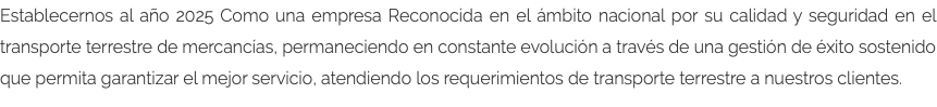 Establecernos al año 2025 Como una empresa Reconocida en el ámbito nacional por su calidad y seguridad en el transporte terrestre de mercancías, permaneciendo en constante evolución a través de una gestión de éxito sostenido que permita garantizar el mejor servicio, atendiendo los requerimientos de transporte terrestre a nuestros clientes.
